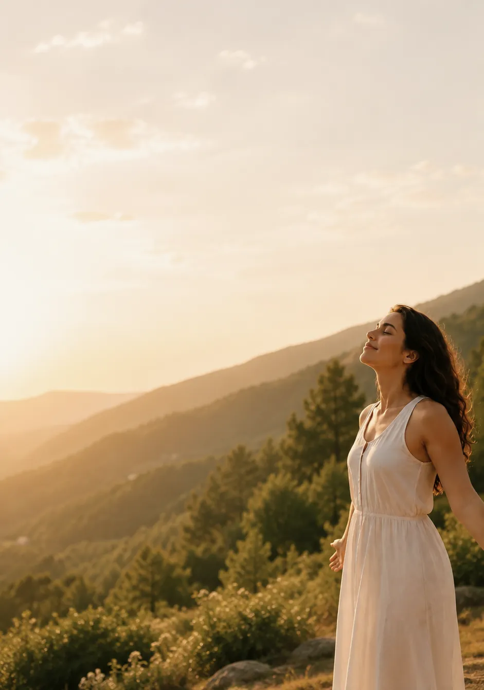 Mulher de braços abertos ao ar livre, em luz de fim de tarde