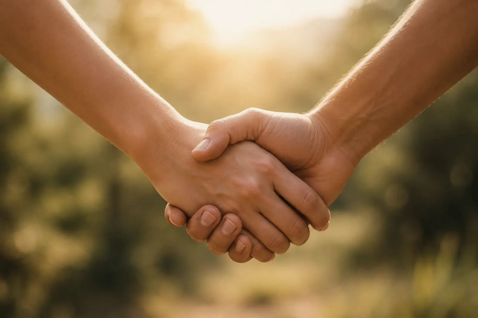 Duas mãos dadas em close, ao ar livre, contra a luz do fim de tarde