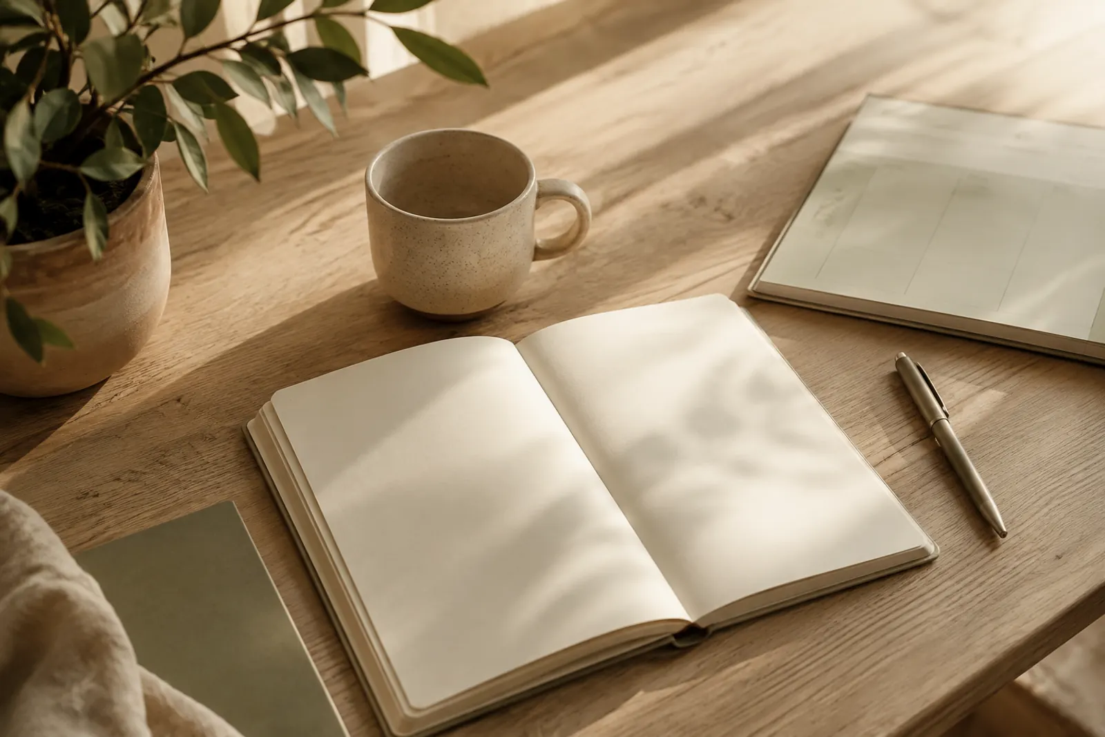 Caderno aberto em branco sobre mesa de madeira, ao lado de caneta, xícara e planner